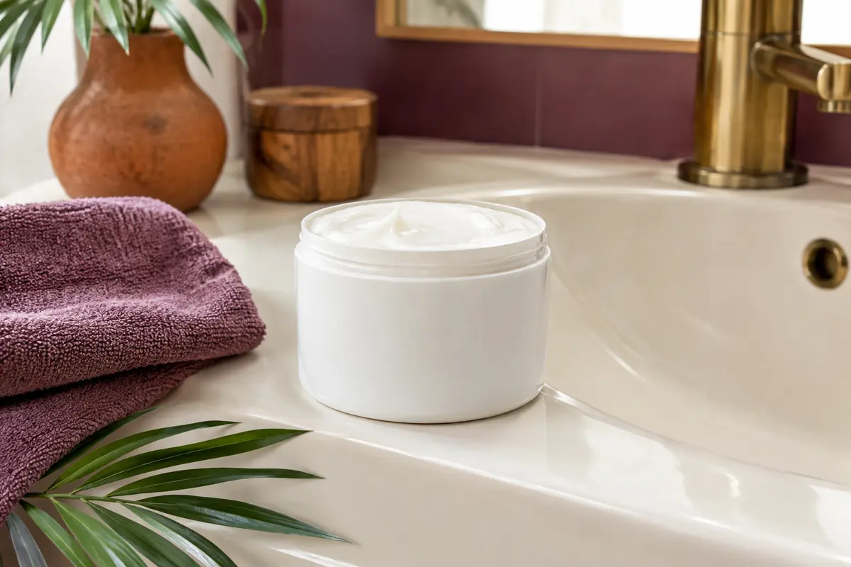 Soin capillaire blanc pour cheveux bouclés posé sur un lavabo en céramique ivoire