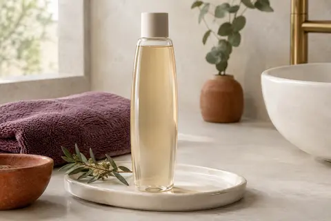 Flacon de shampooing au karité et à l’argan posé sur un plateau en céramique dans une salle de bain lumineuse.
