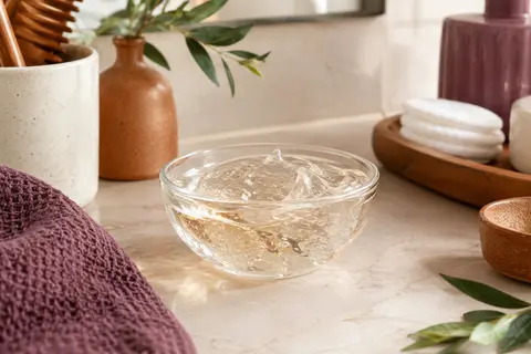 Gelée coiffante pour boucles présentée dans une coupelle de verre, sur un décor de salle de bain lumineux
