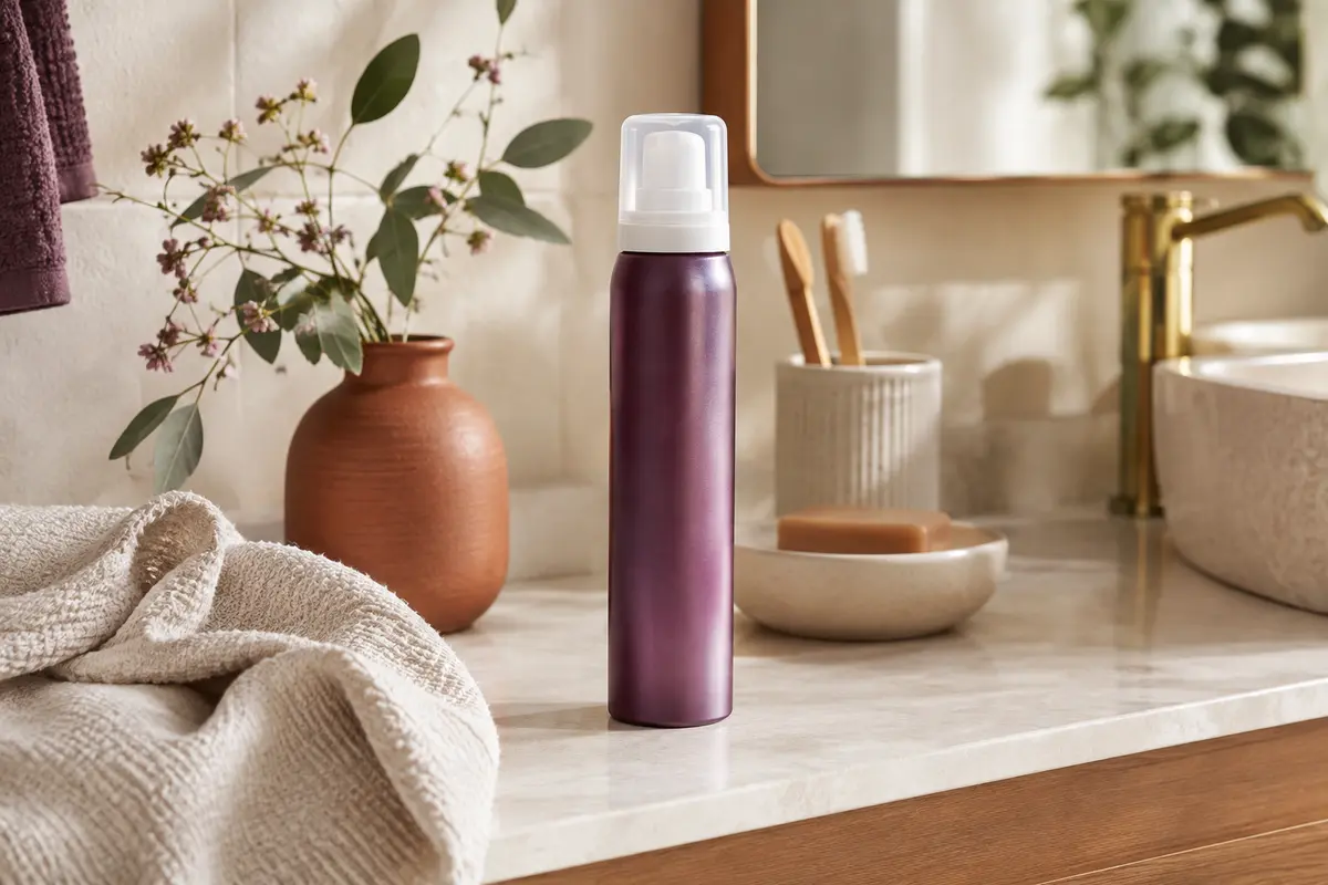 Aérosol de mousse coiffante posé dans une salle de bain claire aux accents prune et terre cuite.