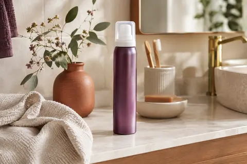 Aérosol de mousse coiffante posé dans une salle de bain claire aux accents prune et terre cuite.