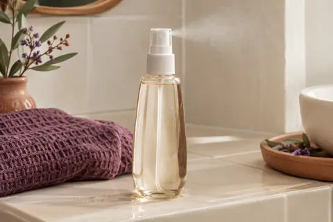 Flacon spray ravive-boucles posé sur une tablette de salle de bain ivoire avec une serviette en coton