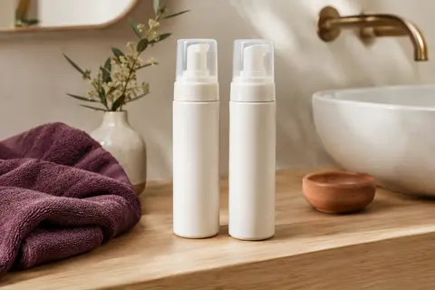 Deux flacons de mousse coiffante présentés sur une tablette en bois dans une salle de bain lumineuse.