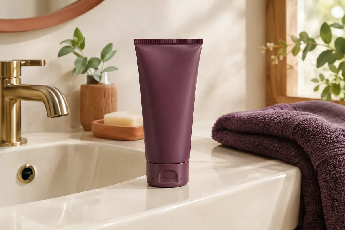 Tube de shampooing hydratant pour cheveux bouclés posé sur un lavabo en céramique dans une salle de bain lumineuse.