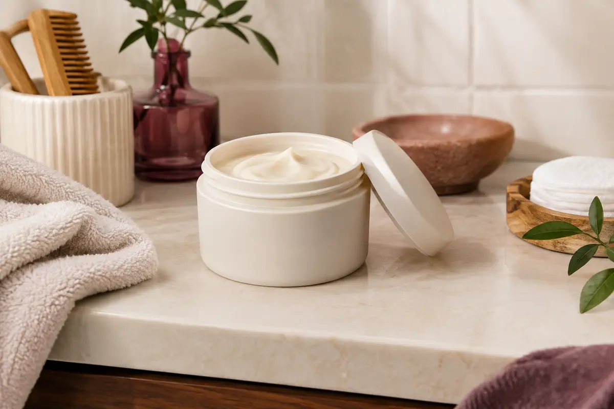 Pot neutre de masque capillaire posé dans une salle de bain claire aux matières naturelles.