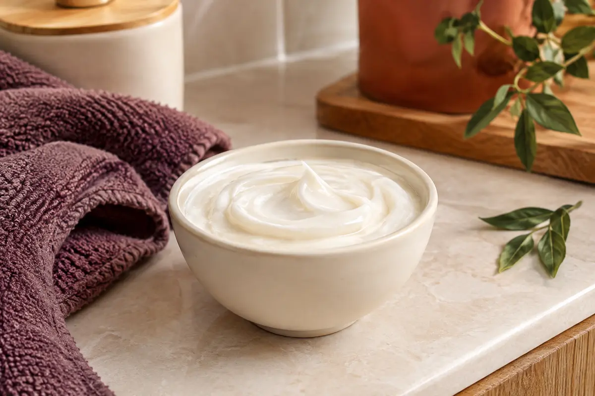 Crème coiffante pour boucles dans une coupelle ivoire, sur une tablette de salle de bain lumineuse