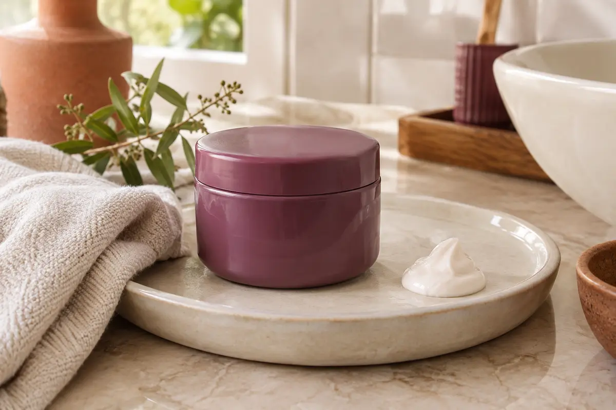 Crème sans rinçage pour cheveux bouclés dans une salle de bain lumineuse aux tons ivoire et terre cuite