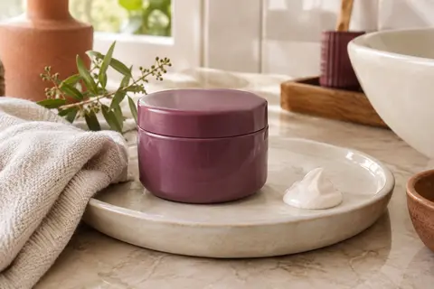Crème sans rinçage pour cheveux bouclés dans une salle de bain lumineuse aux tons ivoire et terre cuite