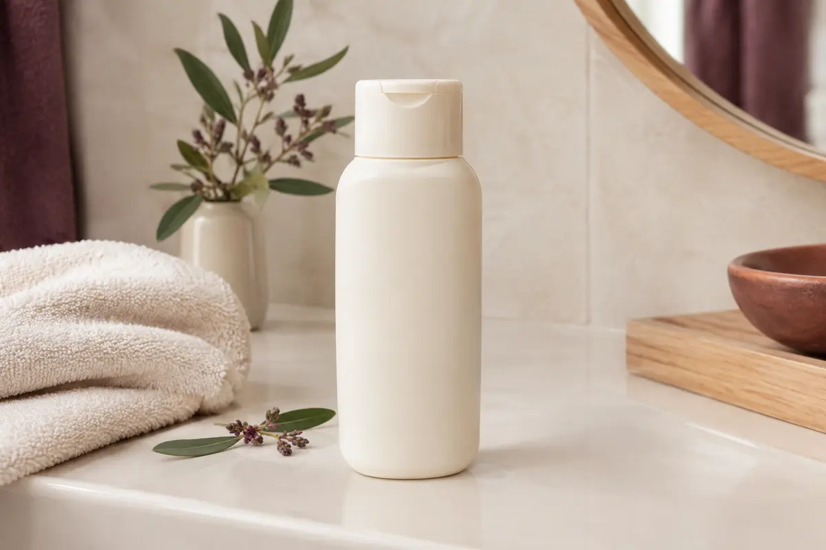 Flacon ivoire de shampooing pour boucles posé sur une tablette de salle de bain lumineuse.