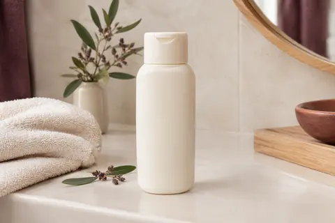 Flacon ivoire de shampooing pour boucles posé sur une tablette de salle de bain lumineuse.