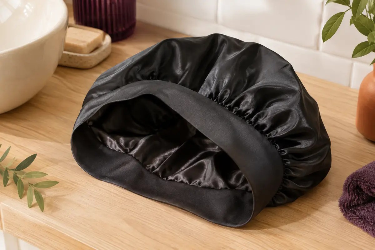 Bonnet de nuit noir en satin double couche posé sur une tablette en bois clair dans une salle de bain