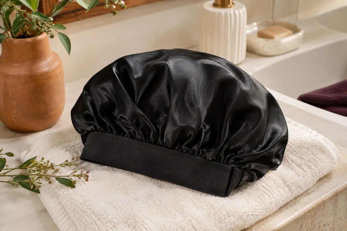 Bonnet de nuit satiné noir à bande large, posé sur une serviette dans une salle de bain lumineuse.