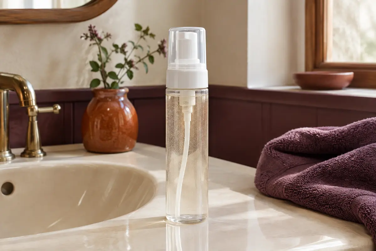 Flacon clair de mousse coiffante posé dans une salle de bain ivoire aux accents prune.