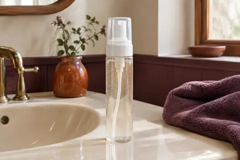 Flacon clair de mousse coiffante posé dans une salle de bain ivoire aux accents prune.