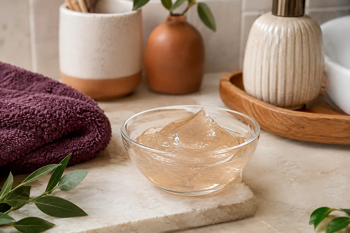 Gelée coiffante pour boucles présentée dans une coupelle en verre, sur un décor de salle de bain lumineux