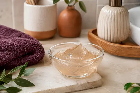 Gelée coiffante pour boucles présentée dans une coupelle en verre, sur un décor de salle de bain lumineux
