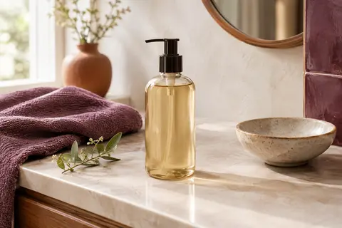 Flacon de shampoing pour boucles posé près d’une céramique ivoire, avec une branche botanique en arrière-plan.