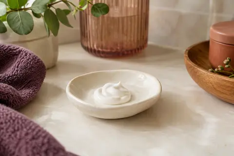 Crème coiffante sans rinçage présentée sur une coupelle en céramique dans une salle de bain lumineuse