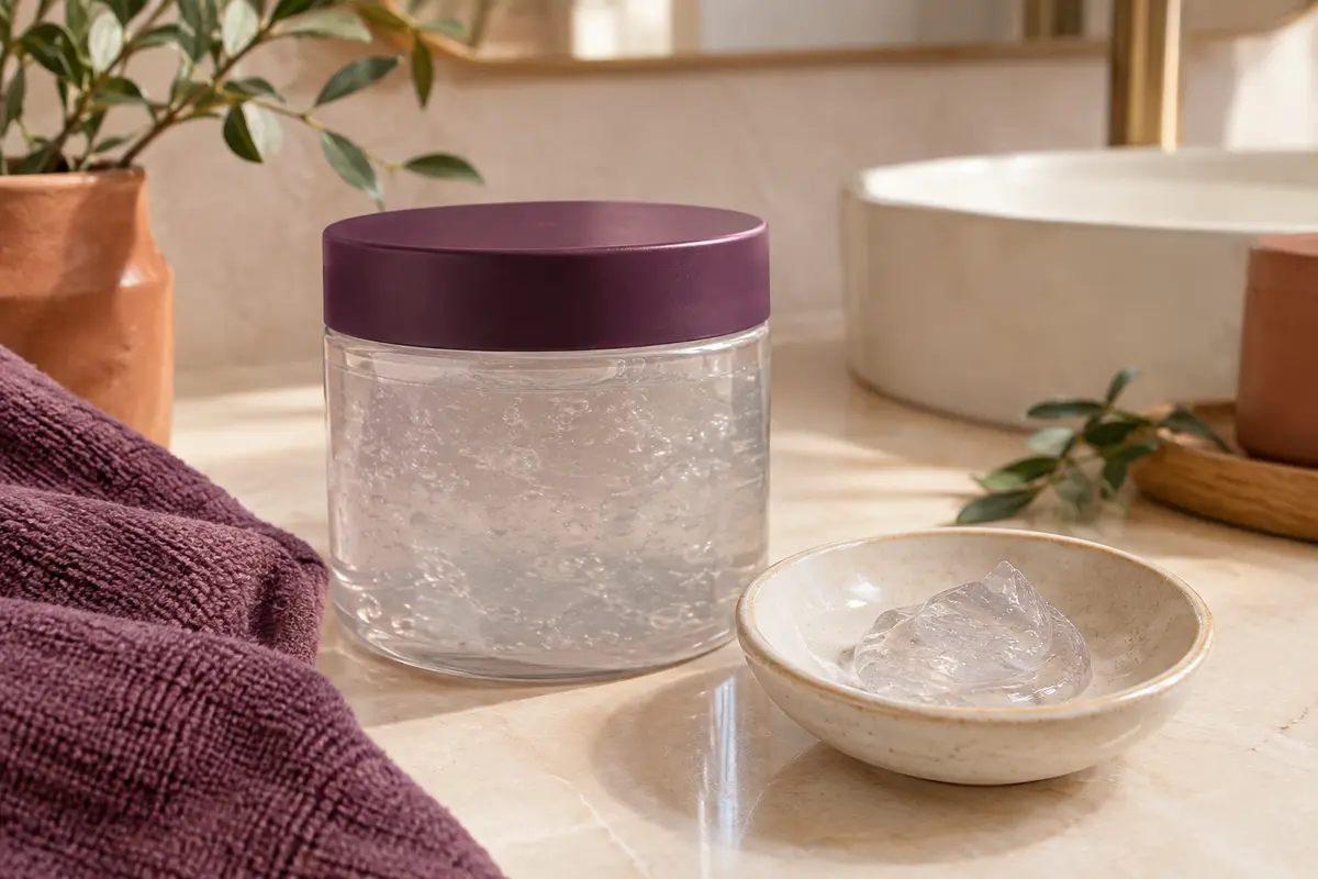 Gelée coiffante pour boucles mise en scène dans une salle de bain lumineuse aux tons ivoire et terre cuite.