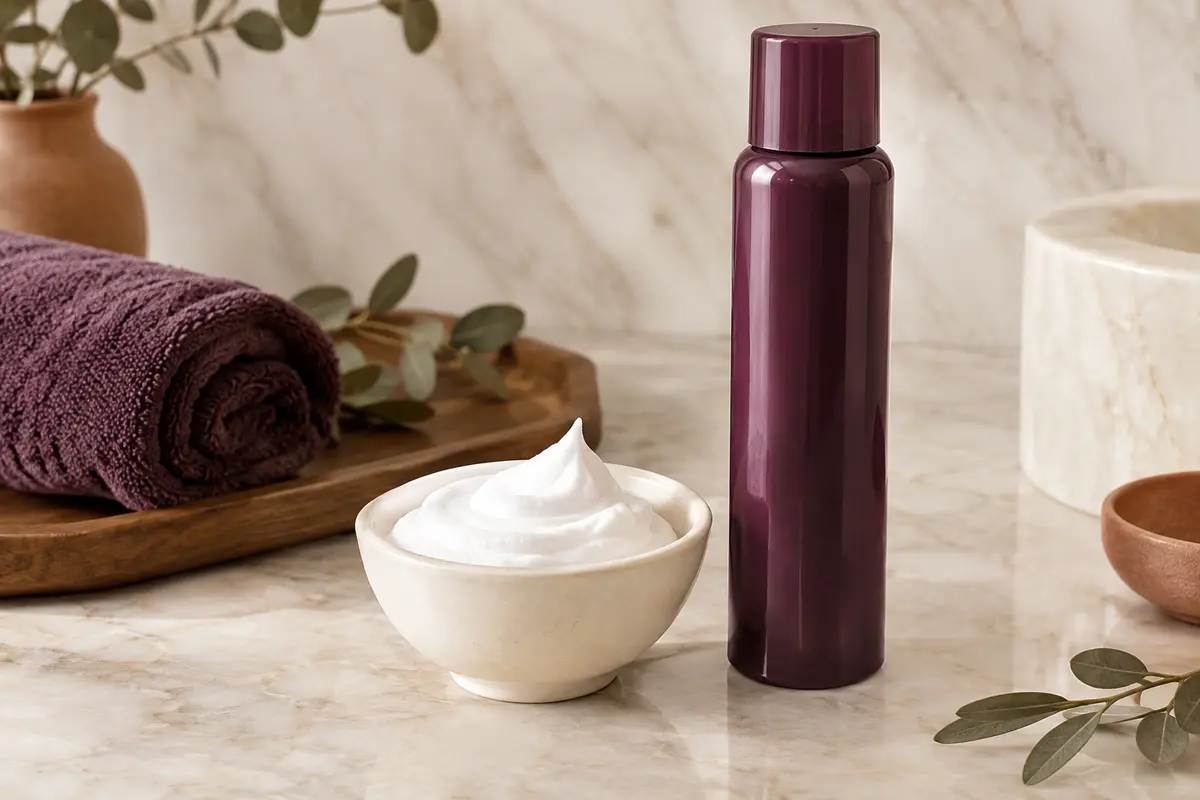 Crème-en-mousse aérienne dans une coupelle ivoire, à côté d’un flacon prune sans étiquette, dans une salle de bain claire