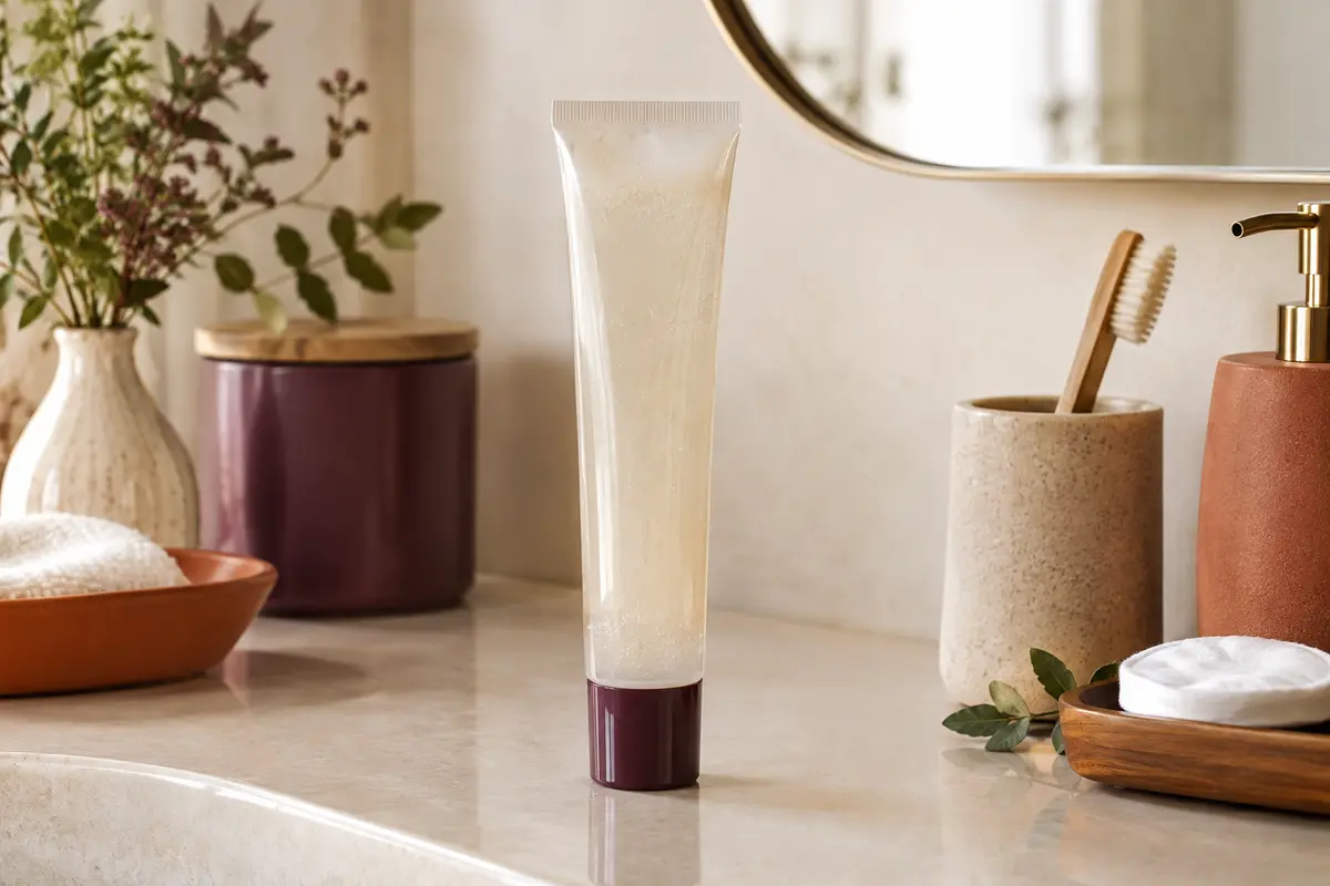 Crème-en-gelée coiffante en contenant élancé posée sur une tablette de salle de bain aux tons ivoire et terre cuite.