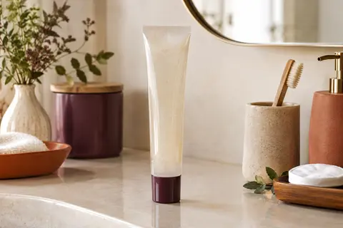Crème-en-gelée coiffante en contenant élancé posée sur une tablette de salle de bain aux tons ivoire et terre cuite.