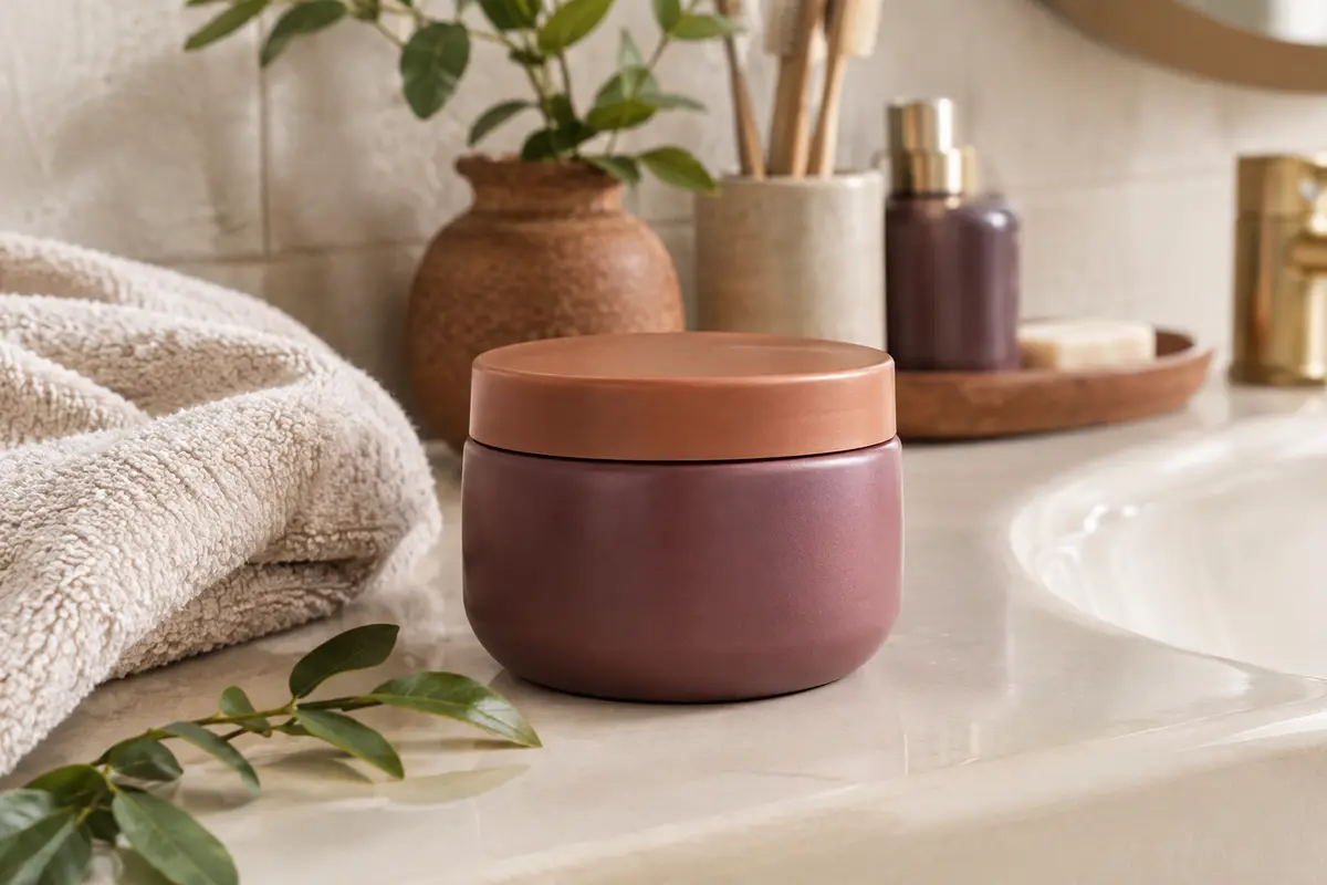 Pot de masque hydratant Curl Expression dans une salle de bain lumineuse aux tons ivoire et terre cuite.