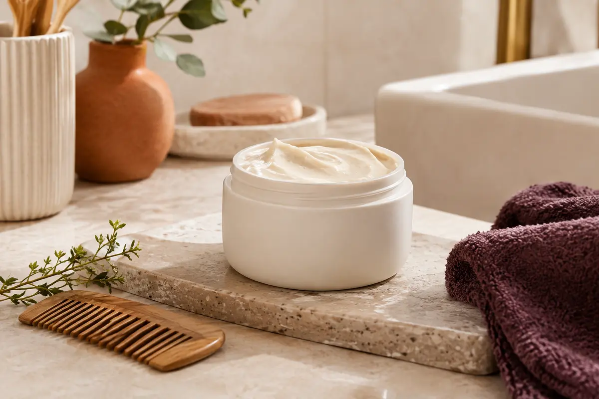 Masque riche pour cheveux bouclés présenté dans une salle de bain lumineuse aux tons ivoire et terre cuite
