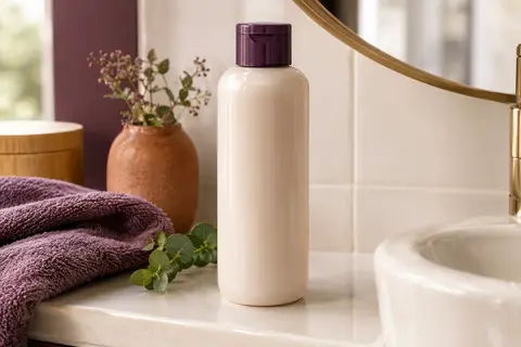 Flacon de shampoing crème Curl Expression posé sur une tablette de salle de bain claire