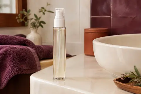 Flacon de spray ravive-boucles posé dans une salle de bain lumineuse aux tons ivoire et terre cuite