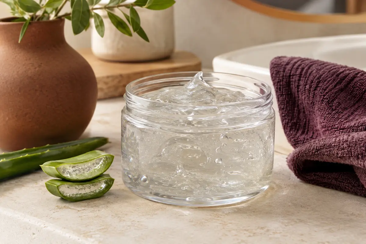 Gel translucide à l’aloe vera présenté dans un récipient transparent, sur une tablette de salle de bain lumineuse.