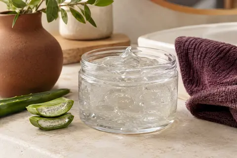 Gel translucide à l’aloe vera présenté dans un récipient transparent, sur une tablette de salle de bain lumineuse.