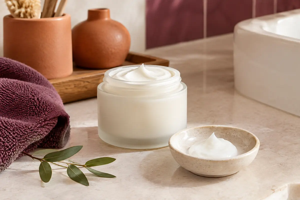 Co-wash crème blanche dans un contenant sobre, accompagné d’une noisette de produit sur une coupelle en céramique.