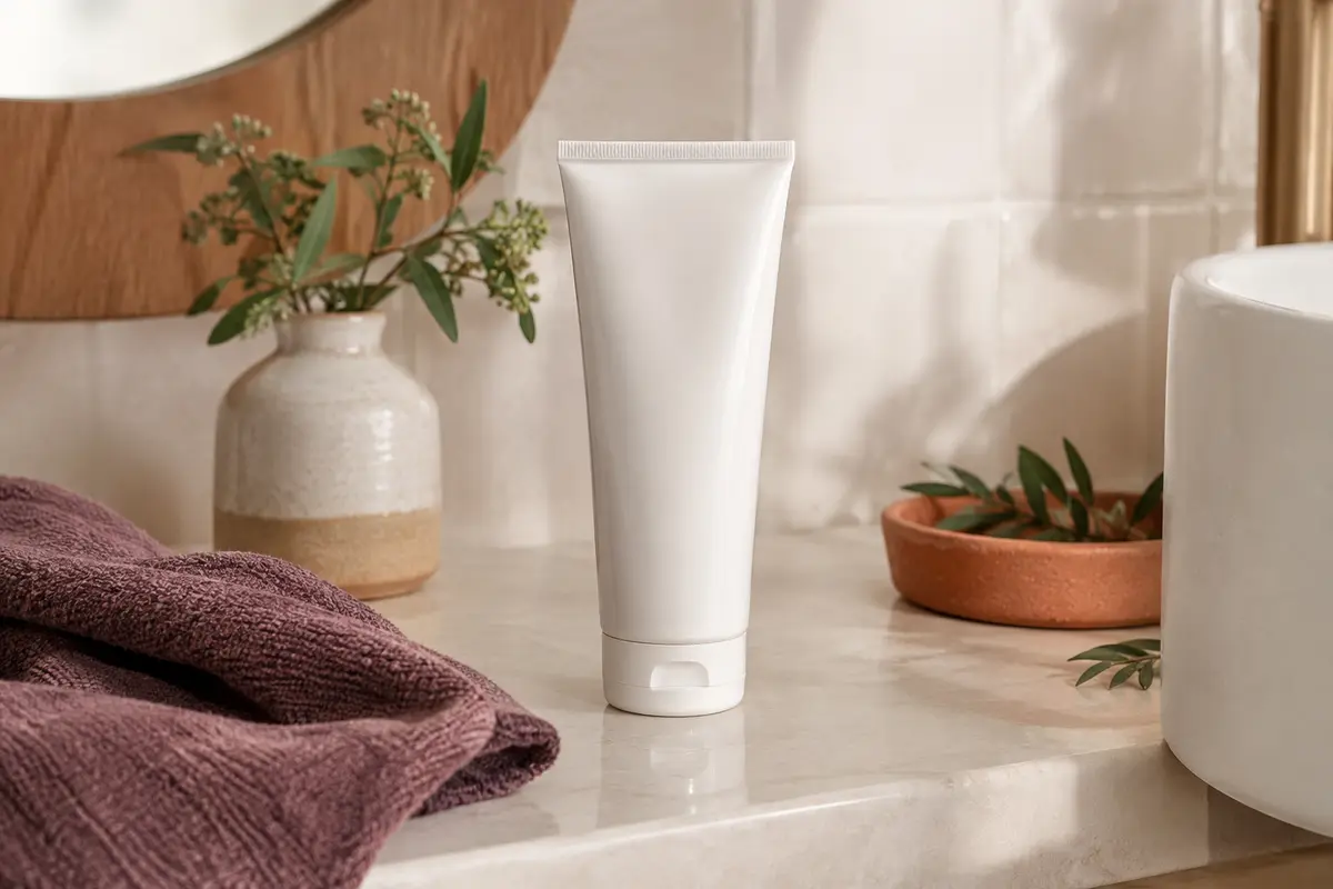Après-shampooing démêlant crème blanc présenté sur une tablette de céramique dans une salle de bain lumineuse