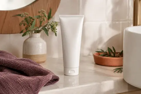 Après-shampooing démêlant crème blanc présenté sur une tablette de céramique dans une salle de bain lumineuse