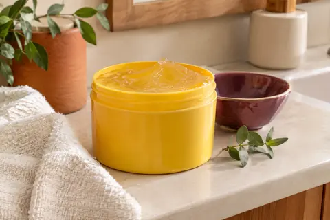 Gelée coiffante jaune Boost Curl mise en scène sur une tablette de salle de bain ivoire
