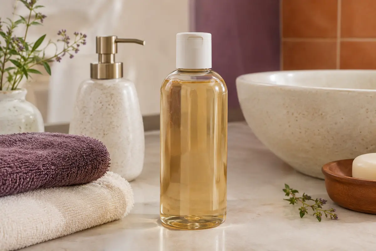 Flacon de shampooing liquide Perfect Clean posé dans une salle de bain lumineuse aux tons ivoire et terre cuite.