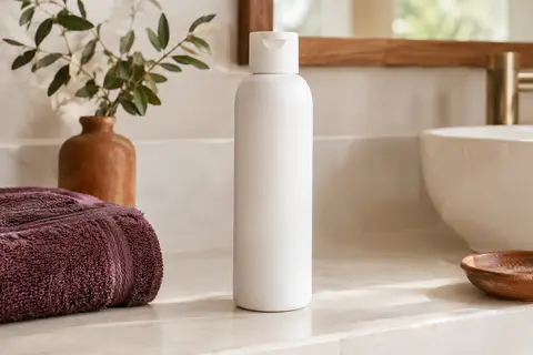 Flacon blanc de l’après-shampooing Pink Paradise posé sur une tablette en céramique ivoire