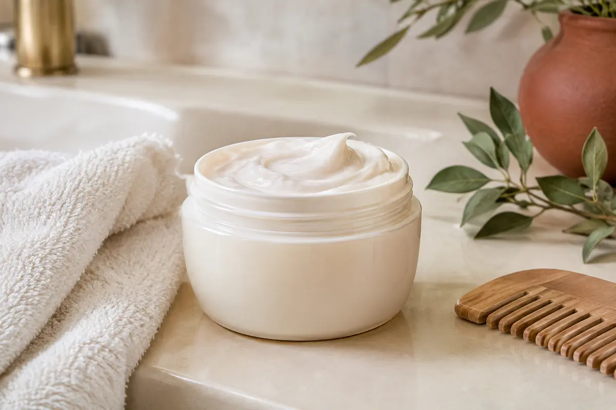 Masque capillaire crème posé dans une salle de bain lumineuse aux tons ivoire et terre cuite