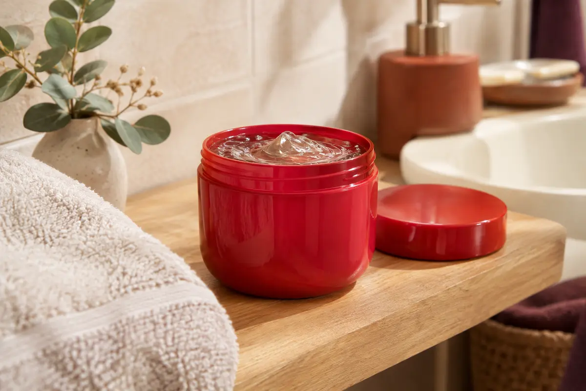 Gel coiffant rouge Lola posé sur une tablette en bois dans une salle de bain lumineuse aux tons ivoire et terre cuite.