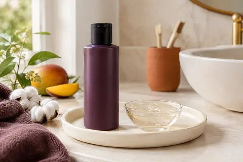 Flacon de gelée coiffante Lovea posé dans une salle de bain lumineuse aux tons ivoire et terre cuite.