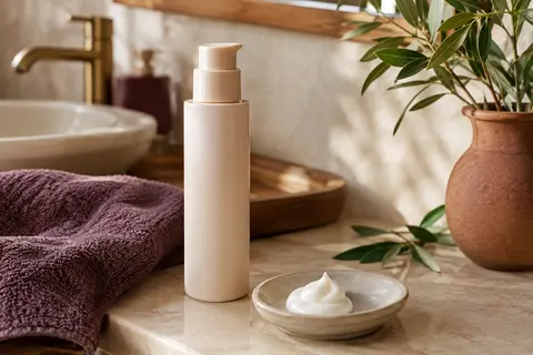Crème coiffante pour boucles posée dans une salle de bain aux tons ivoire, prune et terre cuite