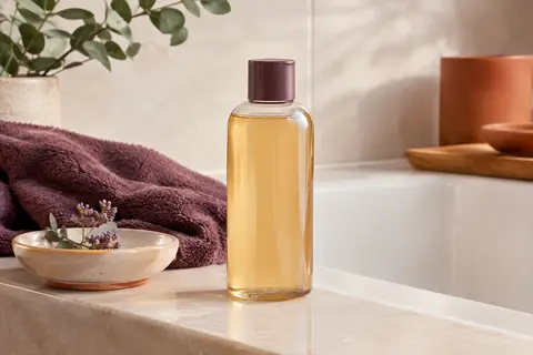 Flacon de shampooing Luxéol pour cheveux bouclés posé dans une salle de bain lumineuse aux tons naturels.