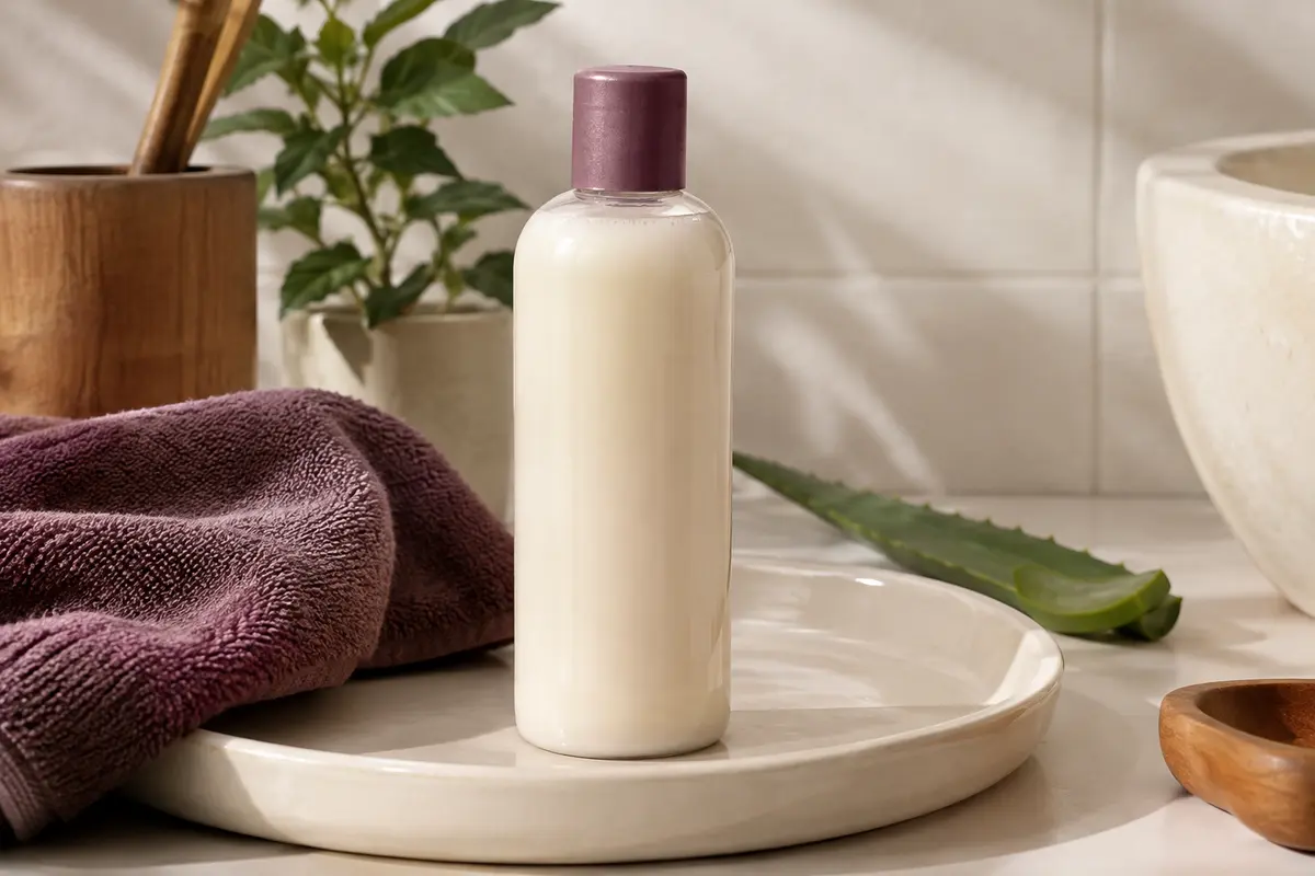 Flacon de co-wash hydratant pour boucles posé dans une salle de bain ivoire avec une feuille d’aloe vera