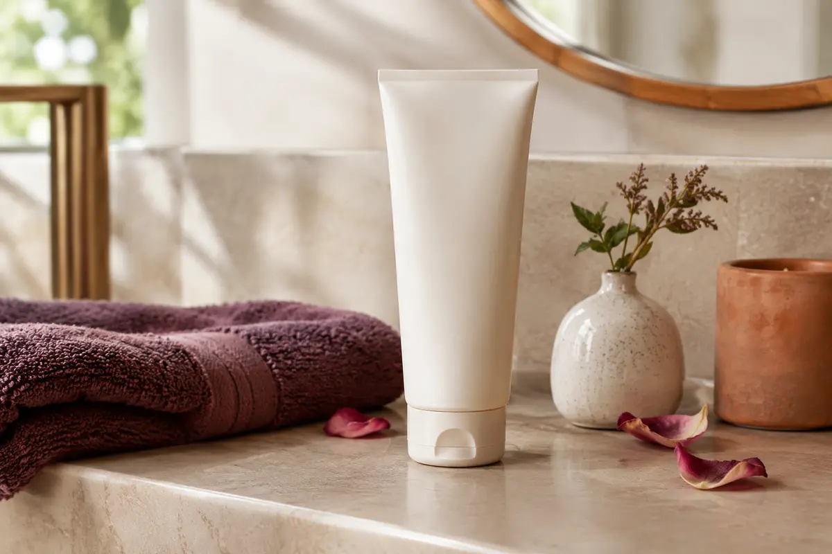Flacon d’après-shampoing léger pour cheveux ondulés à bouclés posé dans une salle de bain lumineuse
