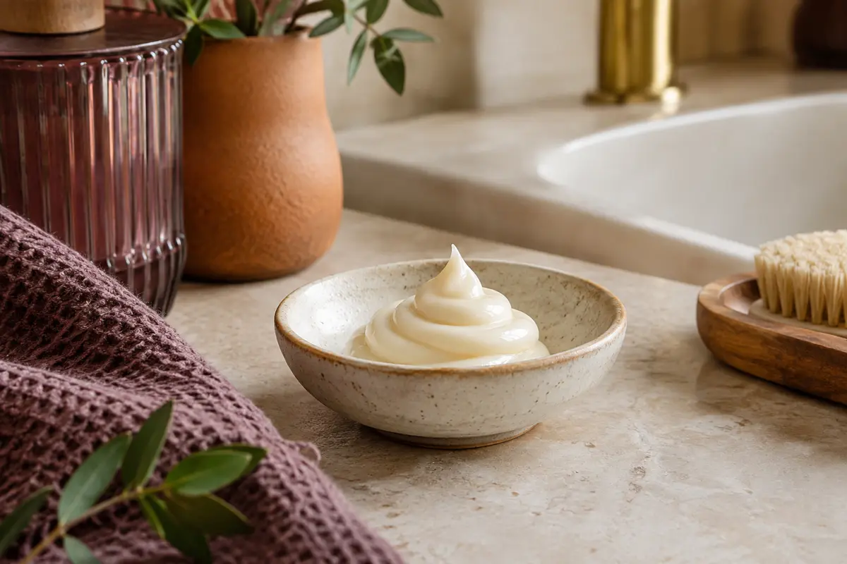 Crème coiffante pour boucles en spirale sur une coupelle ivoire, dans une salle de bain lumineuse aux accents végétaux.