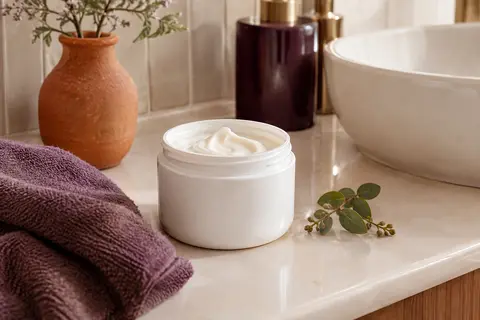 Crème coiffante blanche pour boucles mise en scène dans une salle de bain aux tons ivoire et terre cuite
