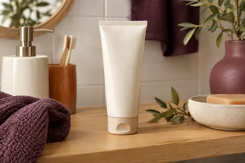 Tube d’après-shampooing démêlant posé sur une tablette en bois dans une salle de bain lumineuse.