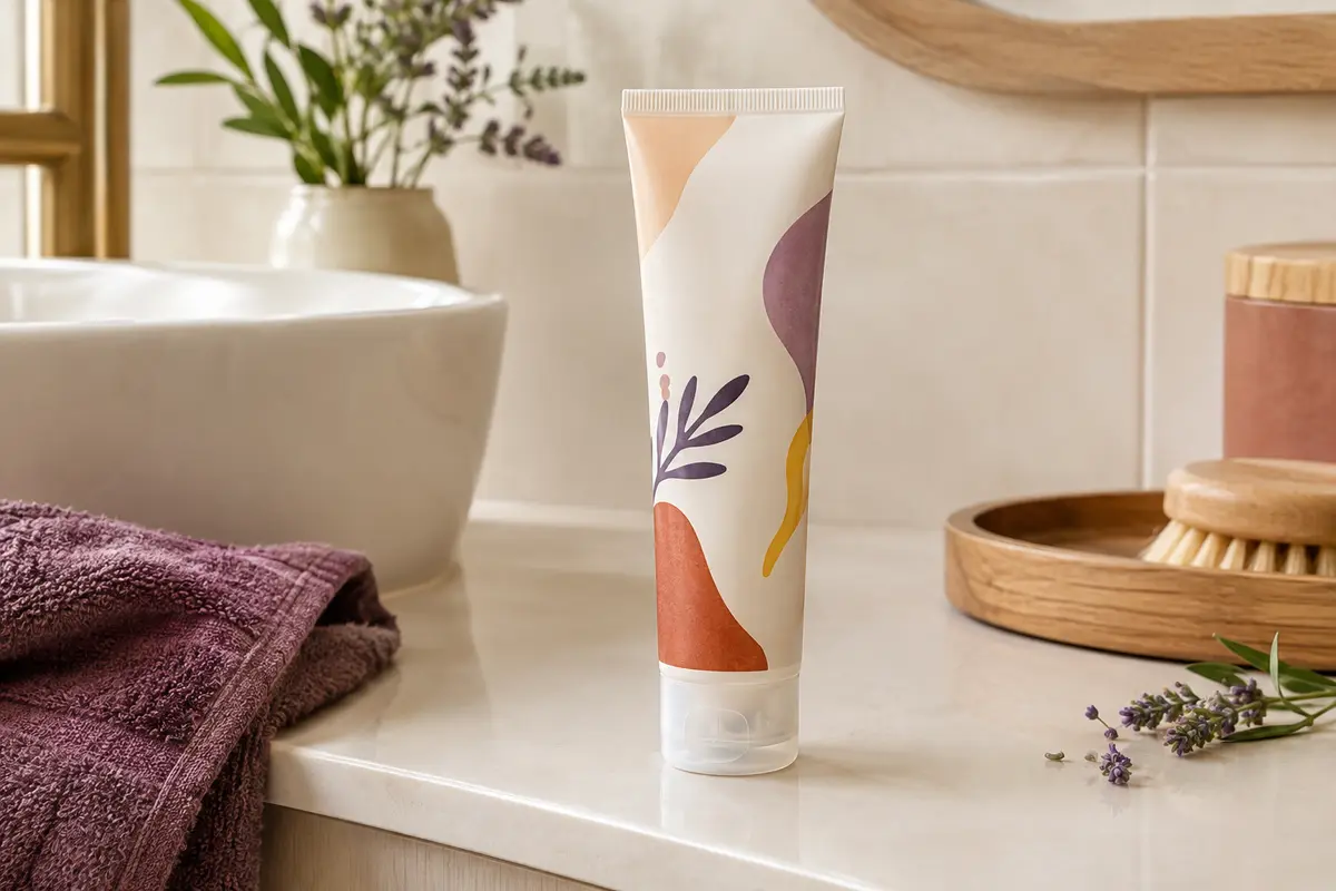 Gel-crème coiffant Phyto posé sur une tablette en céramique dans une salle de bain lumineuse