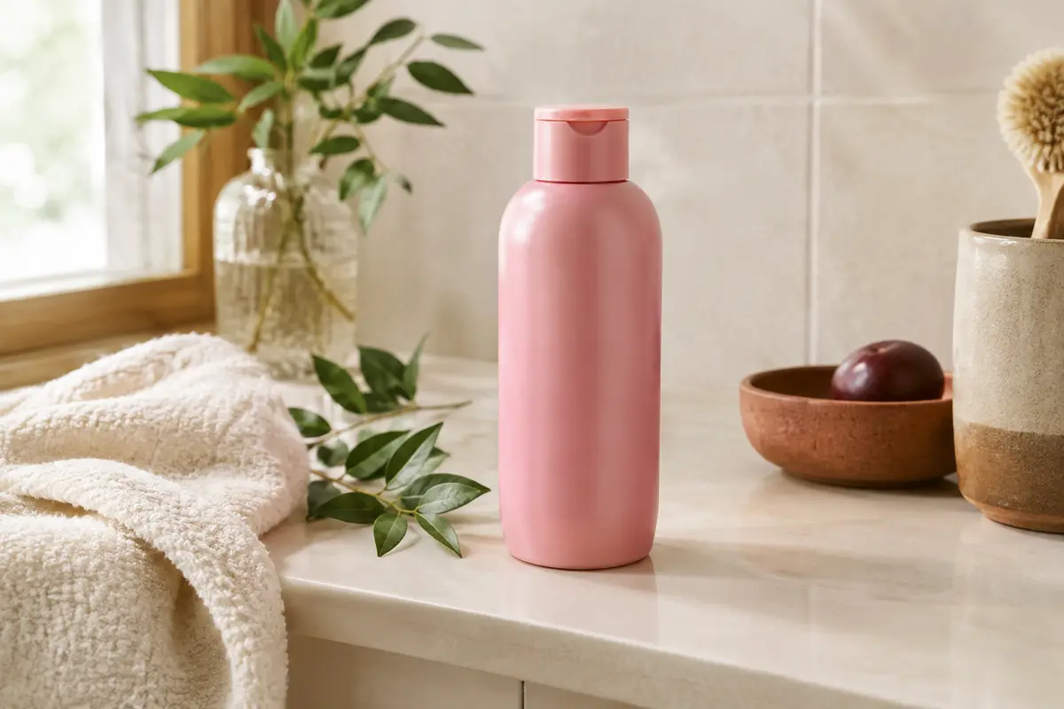 Flacon rose de shampoing UniqOne Curls posé sur une tablette en céramique dans une salle de bain lumineuse.